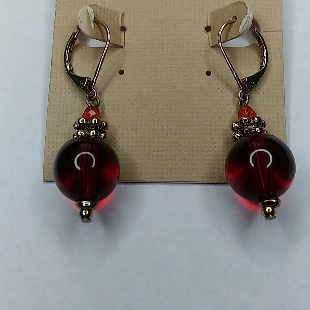 Lauren Ralph Lauren Vintage Gold Tone/Red Leverback Ball Earrings_5